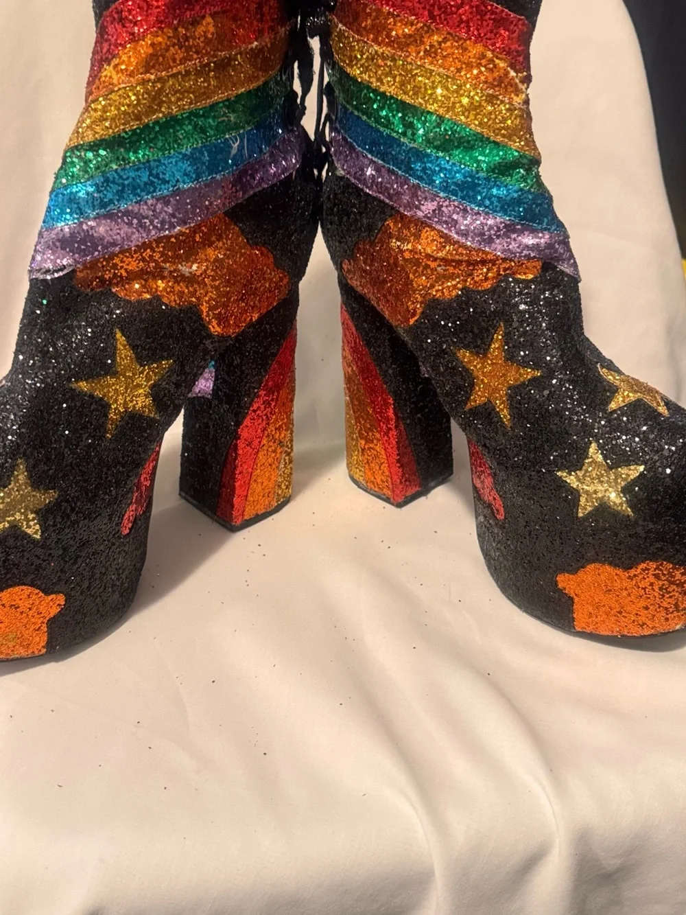 Dolls Kill Stars and Stripes black glitter platform lace back boots size 11